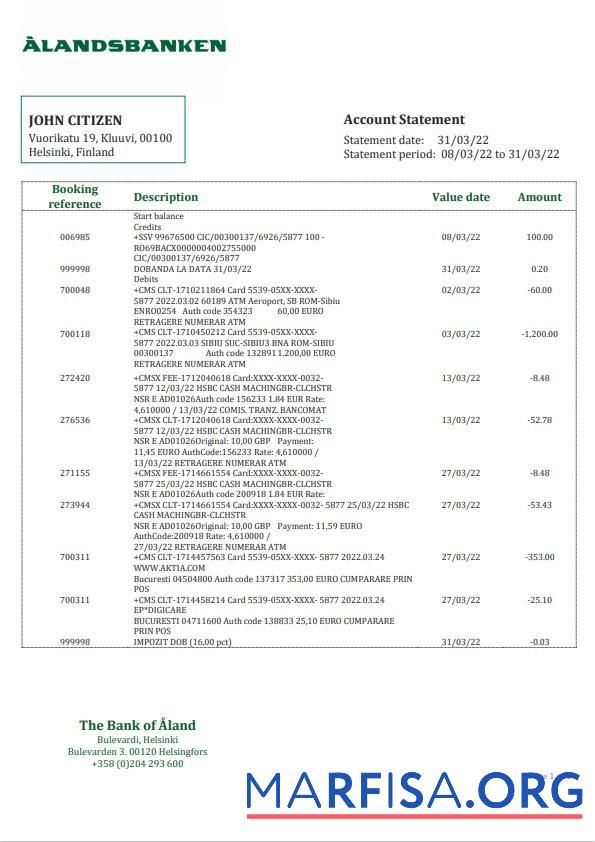 Realistic Finland Aland bank statement word download for verification